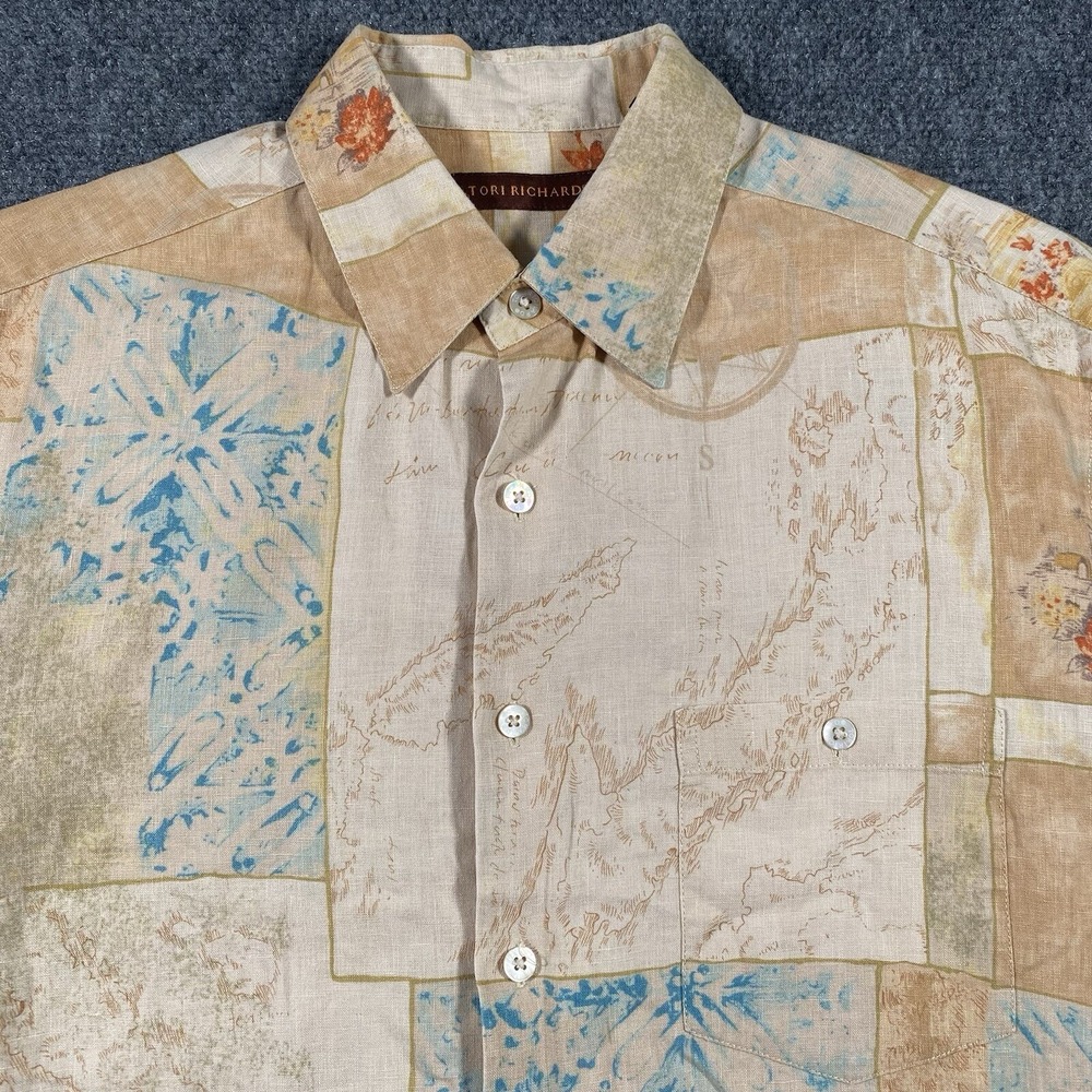 Tori Richard 100% Linen Button Shirt Hawaiian Mens L Pirate Ship Travel Maps